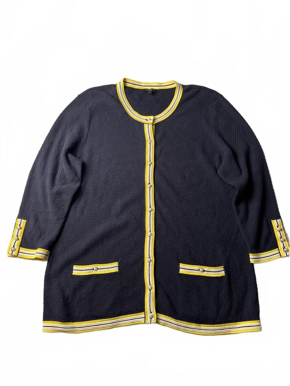 Talbots Navy Blue Textured Cardigan with Yellow and White Tr